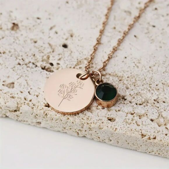 "May" Birth Flower & Glass Gem Pendant Necklace – Emerald-Inspired Sparkle - Picture 1 of 5